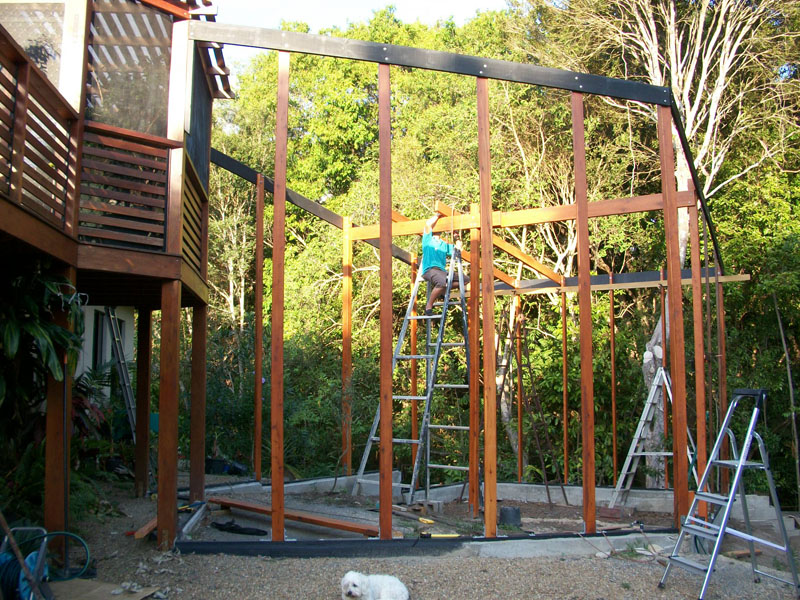 The picture shows how we started to built the first of our new glider enclosures which is connected to the deck of our house